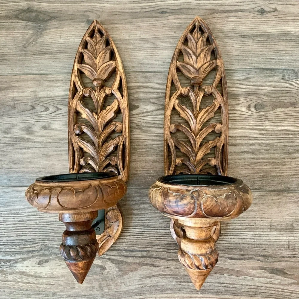 Vintage Pair Of Hand carved Wooden Ornate Wall Candle Holders
